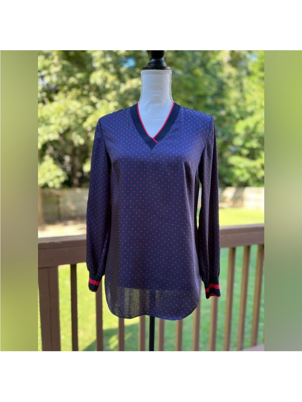 Ralph Lauren Navy Blouse with Red Dot Trim
